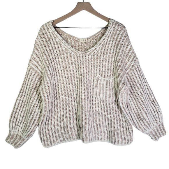 POL Chunky Knit Oversized Sweater S Tan‎ Ivory V-Neck Slouchy - Picture 1 of 9